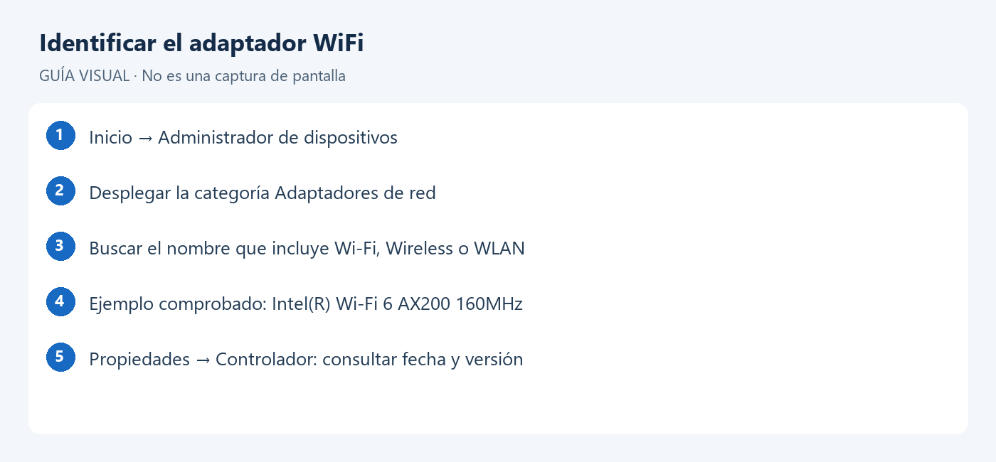 Guía visual para desplegar Adaptadores de red e identificar el dispositivo Wi-Fi.