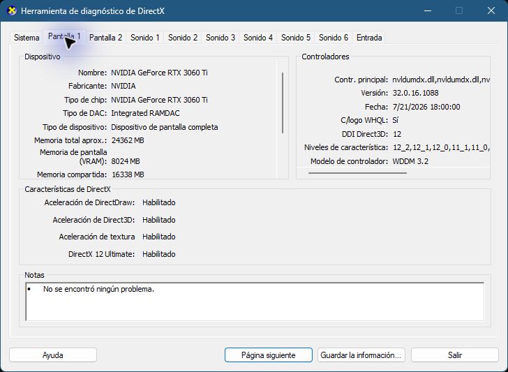 Captura real de DxDiag en Windows 11 con la pestaña Pantalla 1 y una NVIDIA GeForce RTX 3060 Ti