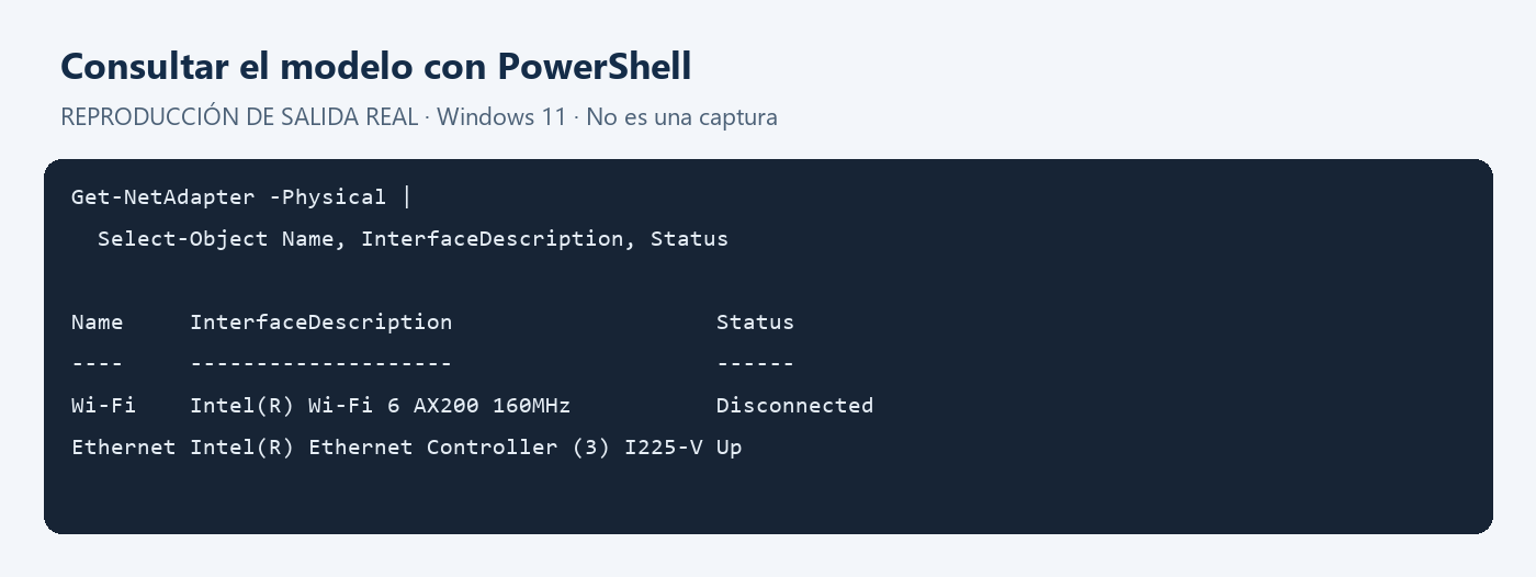 Salida real de PowerShell con el adaptador Intel Wi-Fi 6 AX200 en InterfaceDescription.