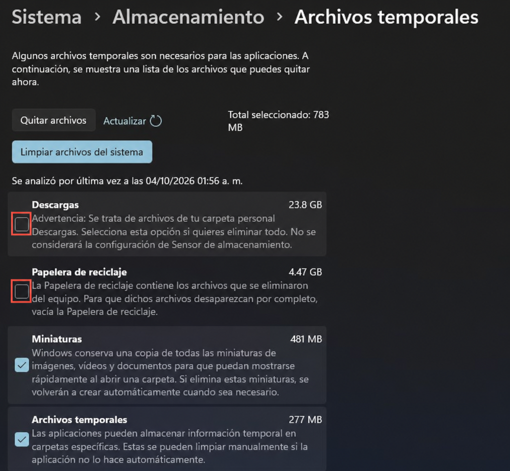 Archivos temporales con Descargas y Papelera sin marcar (captura editada con indicador rojo)