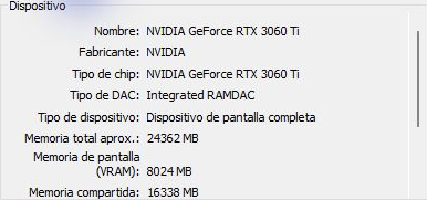 Detalle real de DxDiag que distingue el nombre de la GPU, la memoria de pantalla VRAM y la memoria compartida