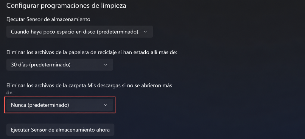 Sensor de almacenamiento con Descargas en Nunca y Papelera en 30 días (captura editada con indicador rojo)