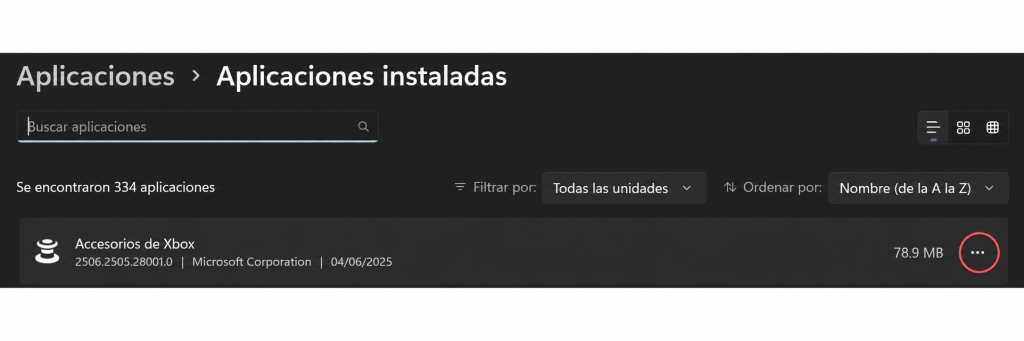 Aplicaciones instaladas y menú de tres puntos de una aplicación (captura editada con indicador rojo)