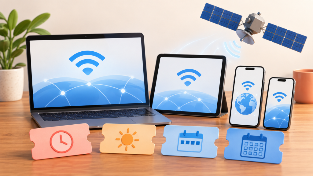 Ilustración de dispositivos y tarjetas que representan distintas duraciones de acceso a internet.