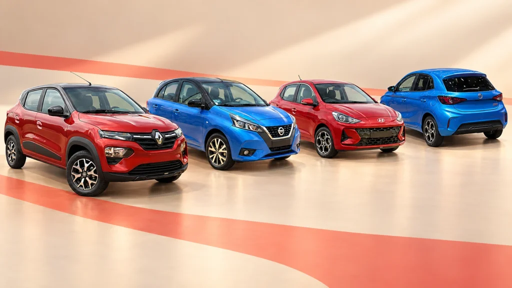 Fotocomposición de Renault Kwid, Nissan March, Hyundai Grand i10 y MG3 basada en fotografías de referencia
