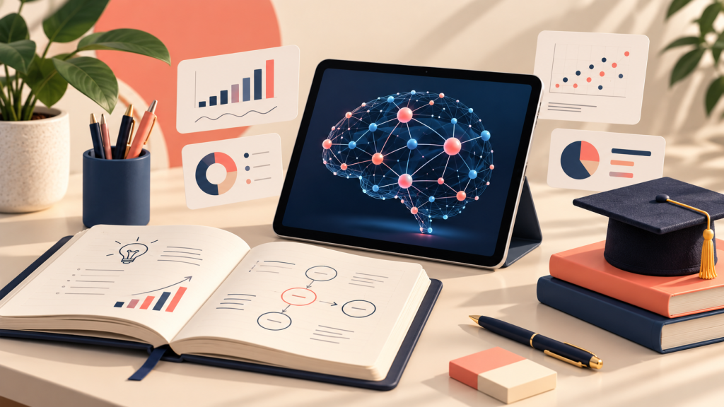 Tablet con una red neuronal ilustrada, gráficos y un cuaderno de estudio