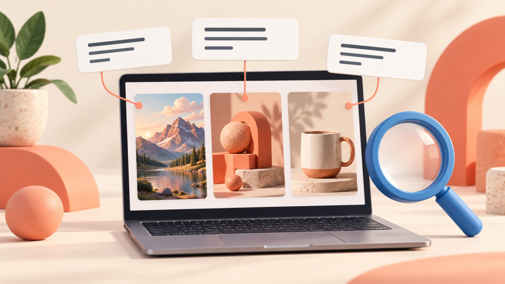 Ilustración de una laptop con tarjetas de prompts y una galería de imágenes.