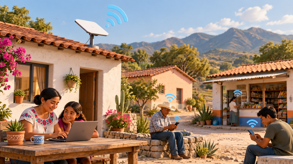 Ilustración de una comunidad con internet satelital y personas usando dispositivos conectados.