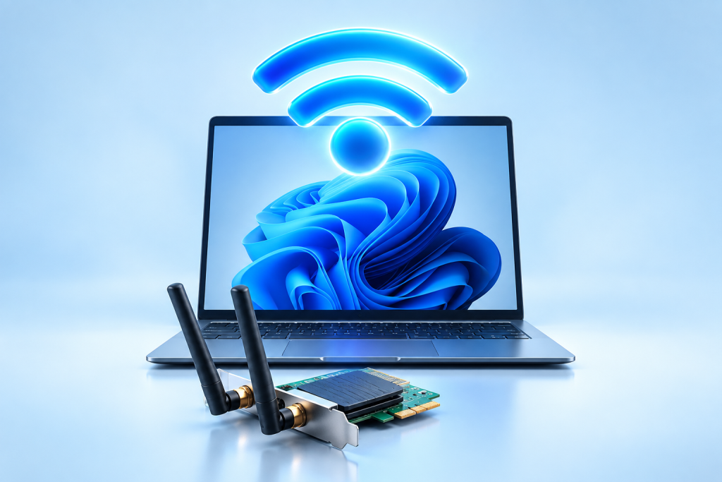 Ilustración de una laptop con símbolo WiFi y un adaptador inalámbrico